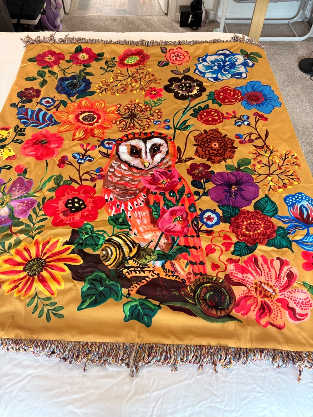 Anthropologie Mustard Yellow Floral Owl Throw Blanket - Picture 3 of 9